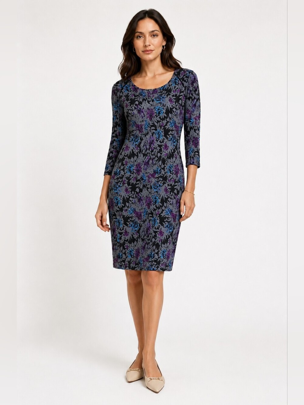 Jigsaw Dress Viscose Stretch Jersey Knit 3/4 Sleeves Floral Travel No Wrinkle